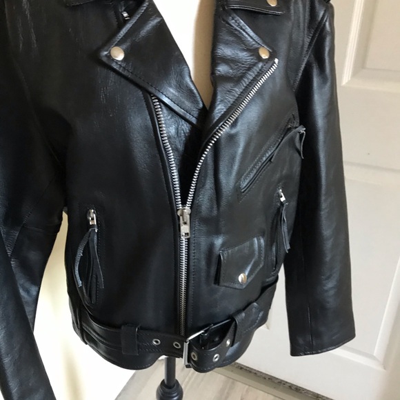 Shaf Black Motorcycle Biker Leather Jacket Men’s Size 42 NWOT Belted - Picture 2 of 14